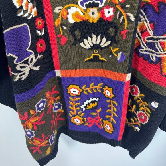Vintage Chaus Woman Black Multi Floral Graphic Oversized Knit Grandma Sweater - Picture 4 of 11